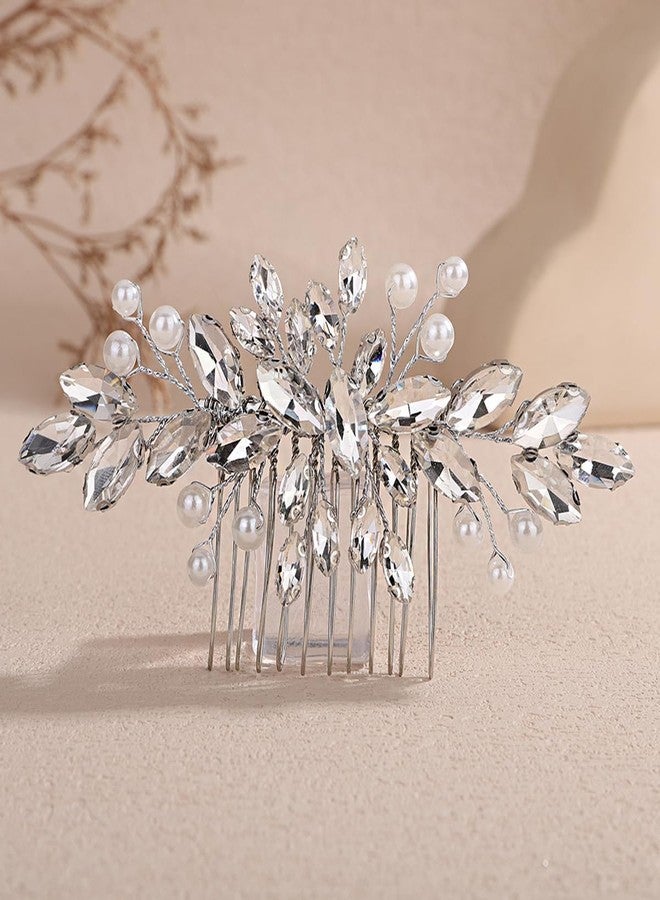 Xerling Brides Wedding Silver Rhinestone Pearls Hair Comb Vintage Bridal Hair Jewelry Side Comb Headpiece Women Hair Accessories (Silver) - Image 2